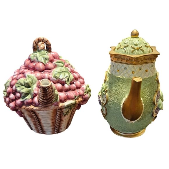 Tea Pot Kitchen Creations Ceramic Grapes Basket & Green Teapot Candle Holder - Picture 1 of 16